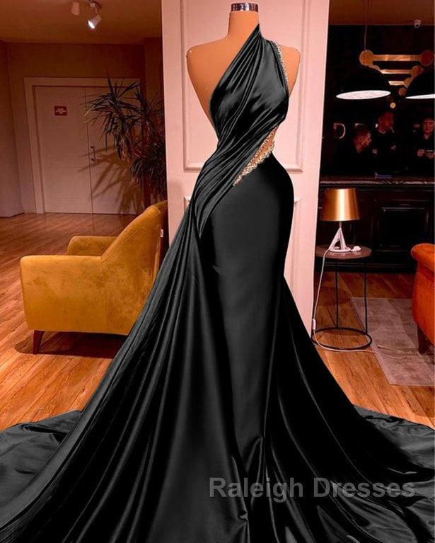 Elegant One Shoulder Mermaid Prom Dresses Long Pleated with Beads