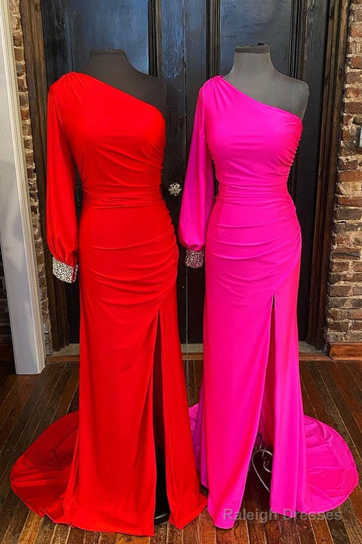 Elegant One Sleeve Red Mermaid Long Prom Dresses Main image