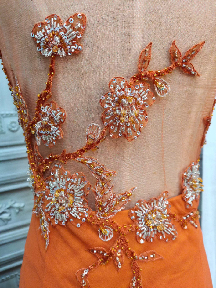 Elegant Orange Mermaid Spaghetti Strap Beaded Chiffon Long Formal Prom Dress
