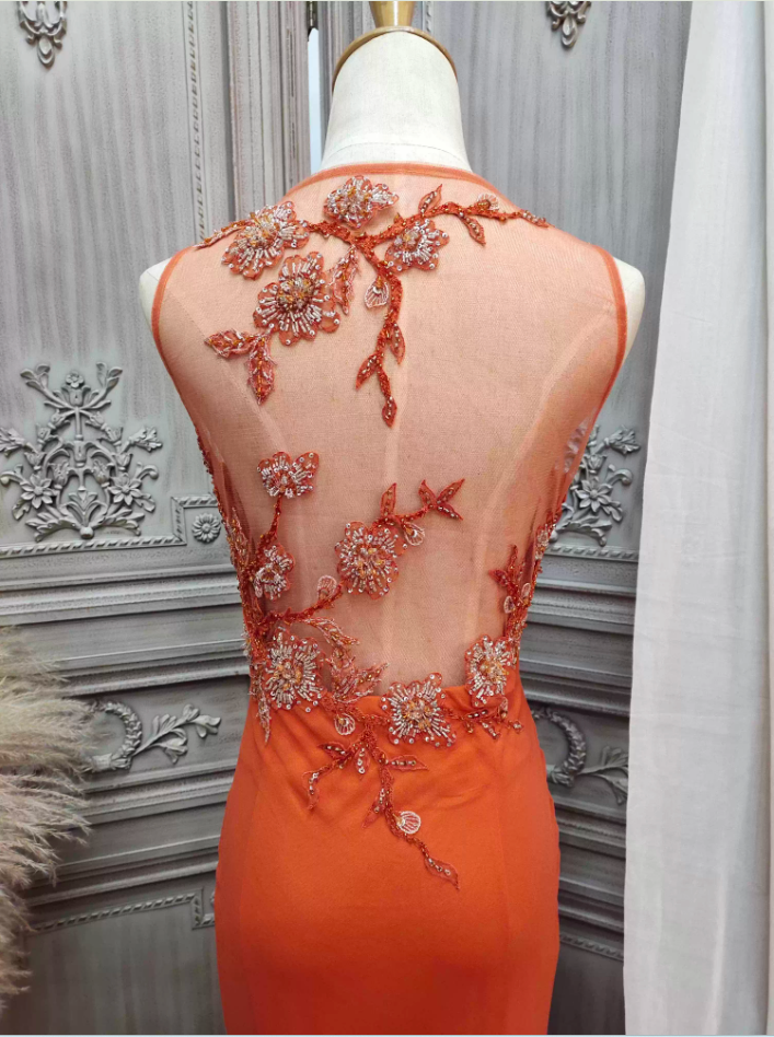 Elegant Orange Mermaid Spaghetti Strap Beaded Chiffon Long Formal Prom Dress