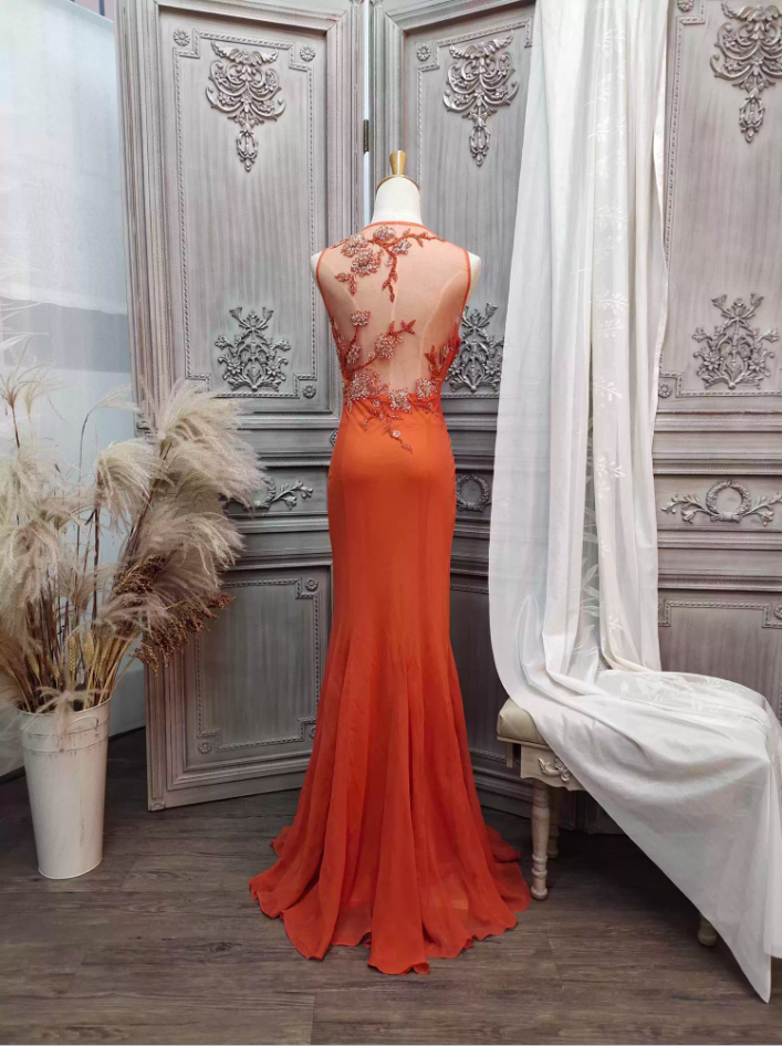 Elegant Orange Mermaid Spaghetti Strap Beaded Chiffon Long Formal Prom Dress