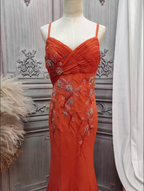 Elegant Orange Mermaid Spaghetti Strap Beaded Chiffon Long Formal Prom Dress