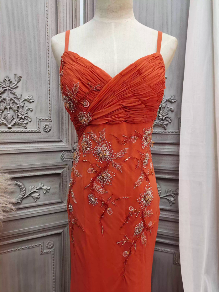Elegant Orange Mermaid Spaghetti Strap Beaded Chiffon Long Formal Prom Dress