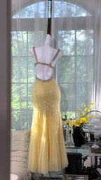 Elegant Pale Yellow Mermaid Strapless Backless Beaded Chiffon Long Formal Prom Dress
