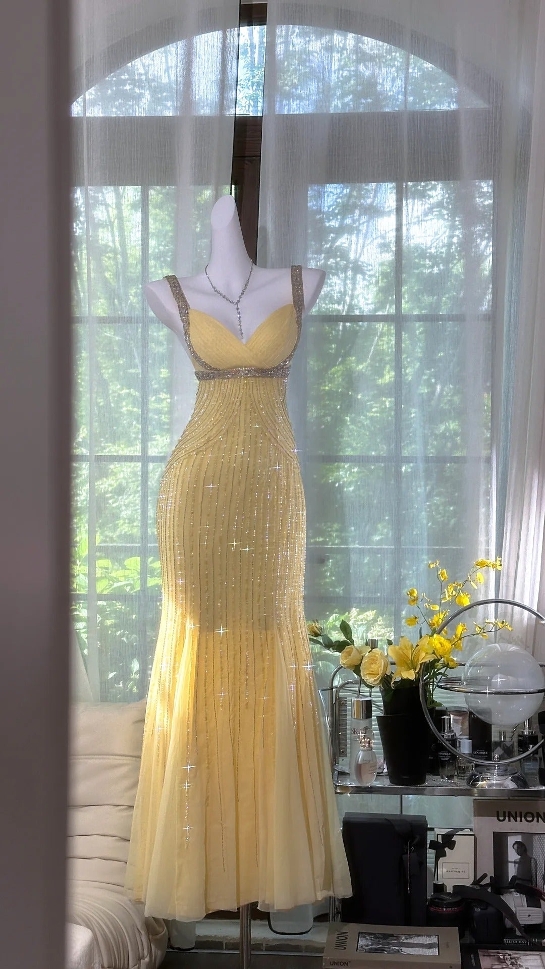 Elegant Pale Yellow Mermaid Strapless Backless Beaded Chiffon Long Formal Prom Dress Main image