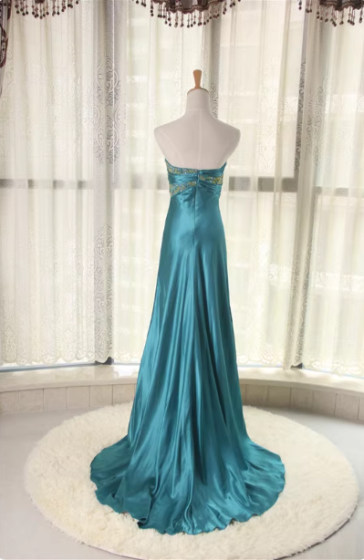 Elegant Peacock Blue Sweetheart Neck Embroidered Satin High-Low Hem Formal Prom Dress Secondary image