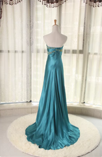 Elegant Peacock Blue Sweetheart Neck Embroidered Satin High-Low Hem Formal Prom Dress