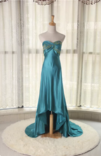 Elegant Peacock Blue Sweetheart Neck Embroidered Satin High-Low Hem Formal Prom Dress