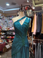 Elegant Peacock Green One-Shoulder Pearl Ribbon Satin Long Formal Prom Dress Prom Gown