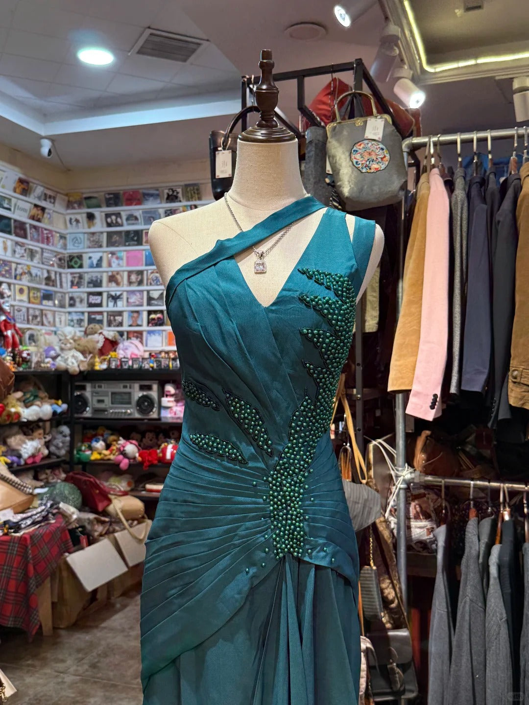Elegant Peacock Green One-Shoulder Pearl Ribbon Satin Long Formal Prom Dress Prom Gown