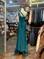 Elegant Peacock Green One-Shoulder Pearl Ribbon Satin Long Formal Prom Dress Prom Gown