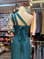 Elegant Peacock Green One-Shoulder Pearl Ribbon Satin Long Formal Prom Dress Prom Gown