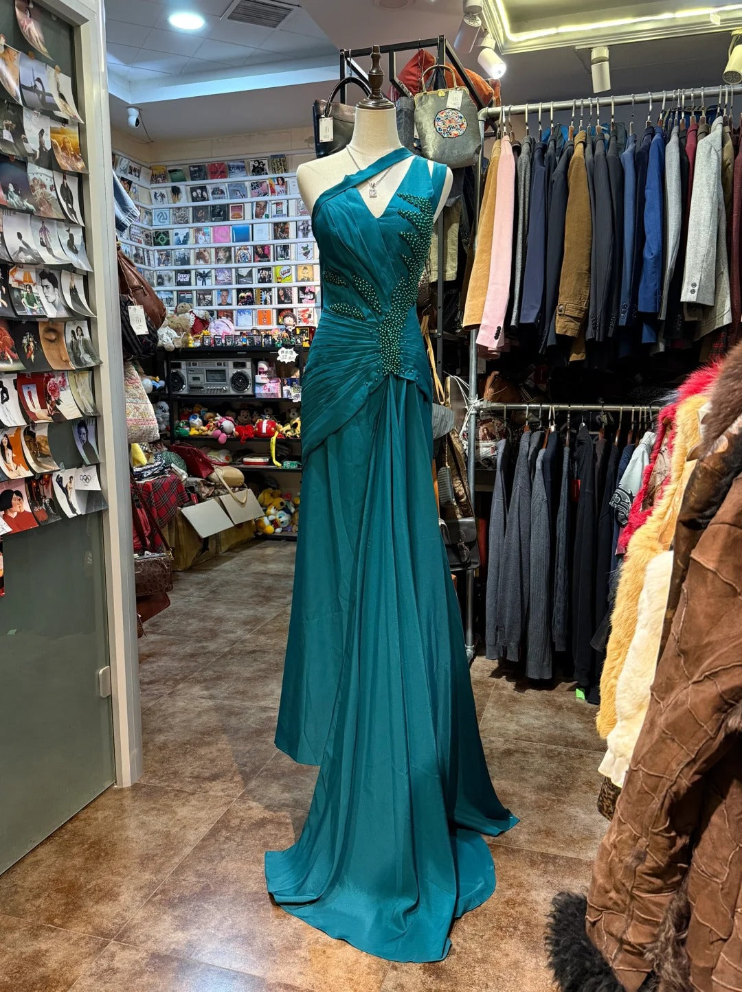Elegant Peacock Green One-Shoulder Pearl Ribbon Satin Long Formal Prom Dress Prom Gown