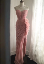 Elegant Pink 3D Floral Strapless High-Slit Chiffon Formal Prom Dress