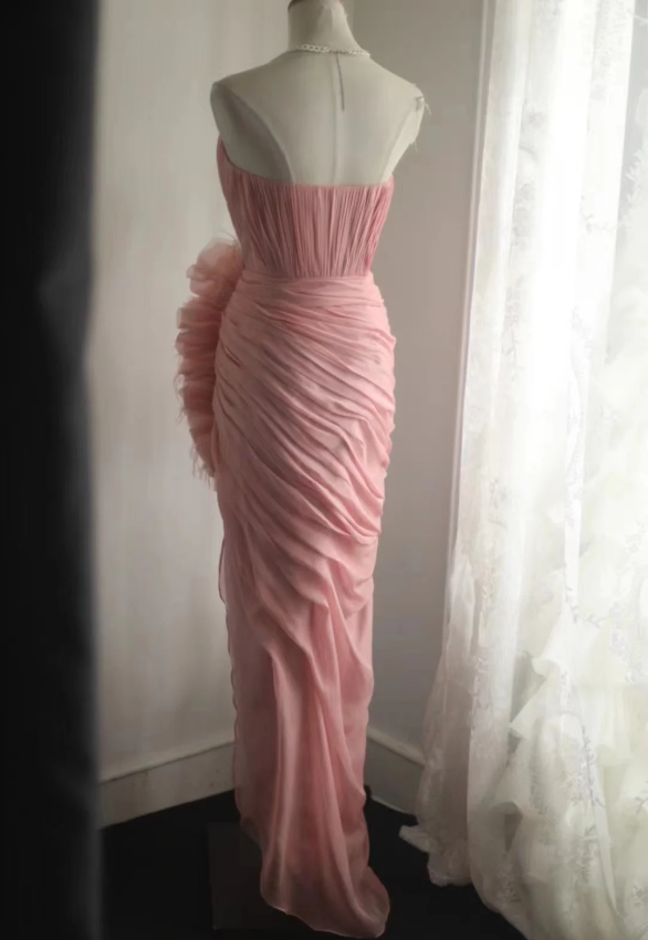 Elegant Pink 3D Floral Strapless High-Slit Chiffon Formal Prom Dress