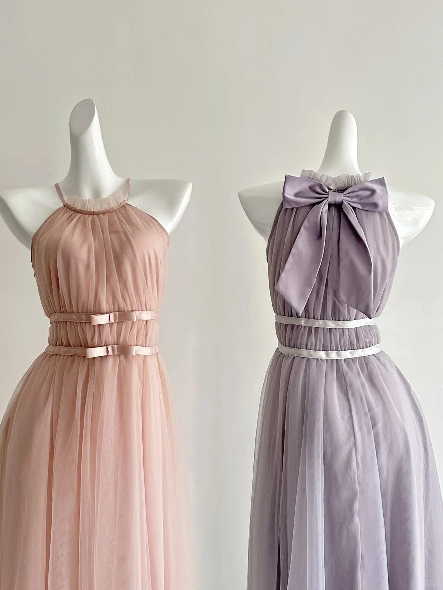 Elegant Pink A-Line Halter Neck Waist Tulle Long Formal Prom Dress Bridesmaid Dress Secondary image