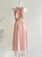 Elegant Pink A-Line Halter Neck Waist Tulle Long Formal Prom Dress Bridesmaid Dress