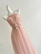 Elegant Pink A-Line Halter Neck Waist Tulle Long Formal Prom Dress Bridesmaid Dress