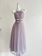Elegant Pink A-Line Halter Neck Waist Tulle Long Formal Prom Dress Bridesmaid Dress