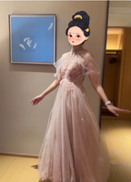 Elegant Pink A-Line Halter Tulle Long Formal Prom Dress