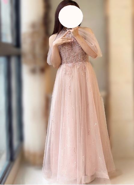 Elegant Pink A-Line Halter Tulle Long Formal Prom Dress