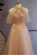 Elegant Pink A-Line Halter Tulle Long Formal Prom Dress