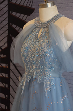 Elegant Pink A-Line Halter Tulle Long Formal Prom Dress