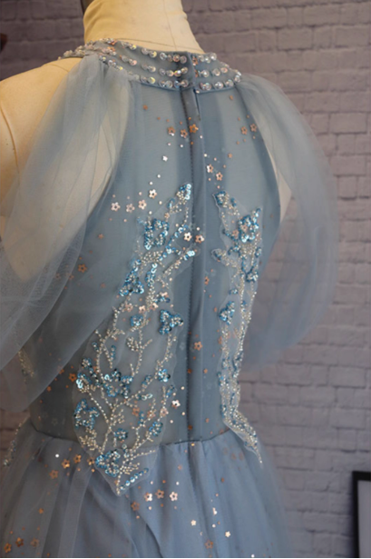 Elegant Pink A-Line Halter Tulle Long Formal Prom Dress