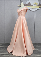 Elegant Pink A-Line Off-The-Shoulder Satin Long Formal Prom Dress Bridesmaid Dress