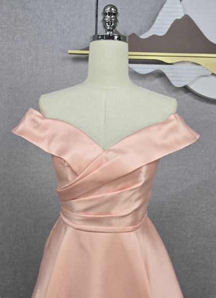 Elegant Pink A-Line Off-The-Shoulder Satin Long Formal Prom Dress Bridesmaid Dress