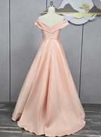 Elegant Pink A-Line Off-The-Shoulder Satin Long Formal Prom Dress Bridesmaid Dress