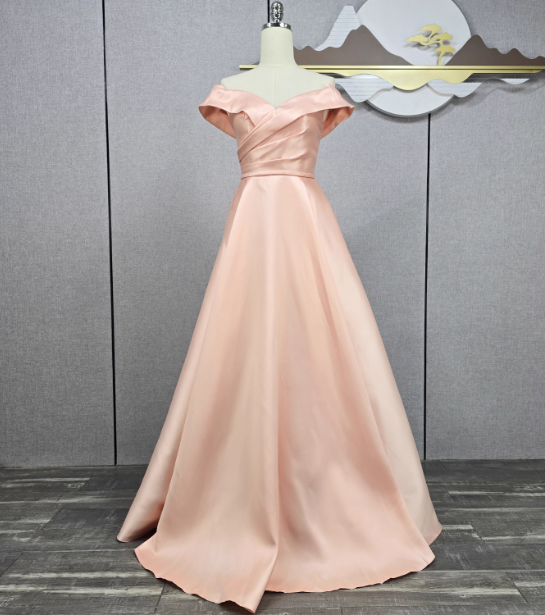 Elegant Pink A-Line Off-The-Shoulder Satin Long Formal Prom Dress Bridesmaid Dress Main image