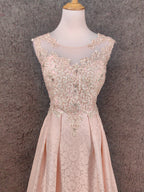 Elegant Pink A-Line Sleeveless Crew Neck Lace Rhinestone Brocade Satin Long Formal Prom Dress