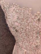 Elegant Pink A-Line Sleeveless Crew Neck Lace Rhinestone Brocade Satin Long Formal Prom Dress