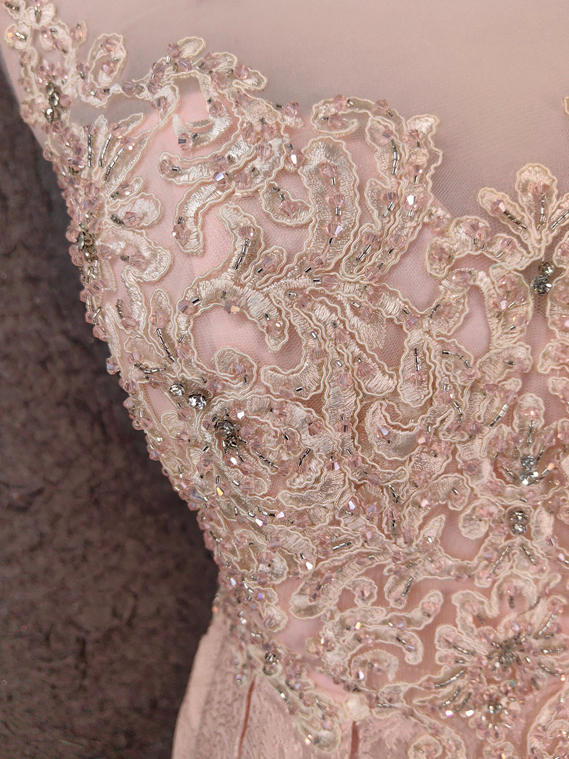 Elegant Pink A-Line Sleeveless Crew Neck Lace Rhinestone Brocade Satin Long Formal Prom Dress