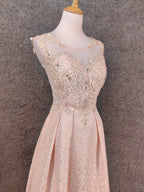 Elegant Pink A-Line Sleeveless Crew Neck Lace Rhinestone Brocade Satin Long Formal Prom Dress