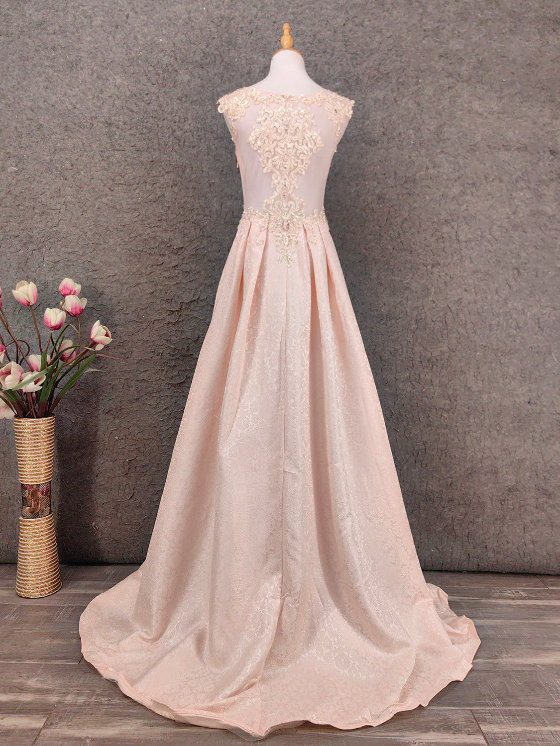 Elegant Pink A-Line Sleeveless Crew Neck Lace Rhinestone Brocade Satin Long Formal Prom Dress