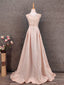 Elegant Pink A-Line Sleeveless Crew Neck Lace Rhinestone Brocade Satin Long Formal Prom Dress
