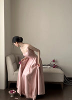 Elegant Pink A-Line Square Neck Strap Satin Long Formal Prom Dress