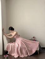 Elegant Pink A-Line Square Neck Strap Satin Long Formal Prom Dress