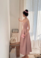 Elegant Pink A-Line Square Neck Strap Satin Long Formal Prom Dress