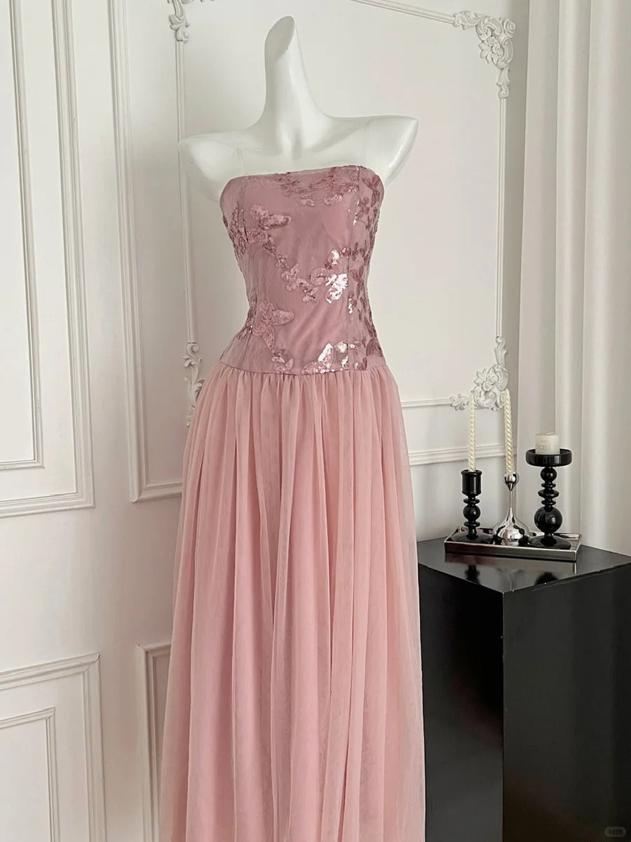 Elegant Pink A-Line Tube Top Sequined Tulle Long Formal Prom Dress Bridesmaid Dress