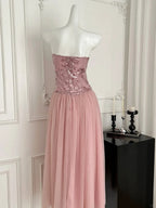 Elegant Pink A-Line Tube Top Sequined Tulle Long Formal Prom Dress Bridesmaid Dress