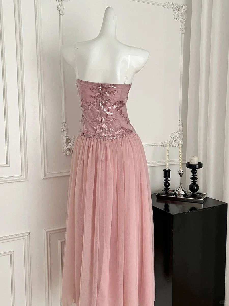 Elegant Pink A-Line Tube Top Sequined Tulle Long Formal Prom Dress Bridesmaid Dress