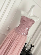 Elegant Pink A-Line Tube Top Sequined Tulle Long Formal Prom Dress Bridesmaid Dress
