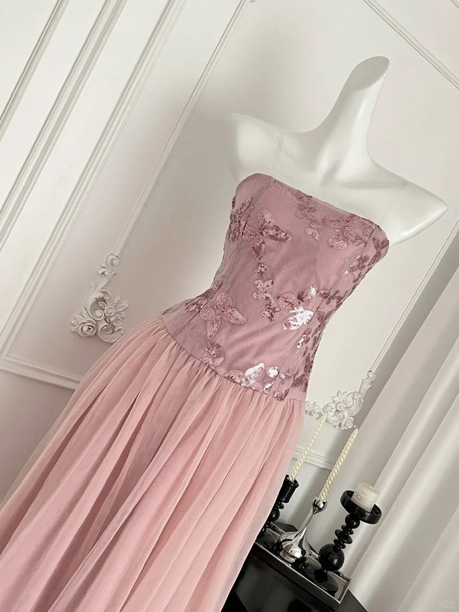 Elegant Pink A-Line Tube Top Sequined Tulle Long Formal Prom Dress Bridesmaid Dress