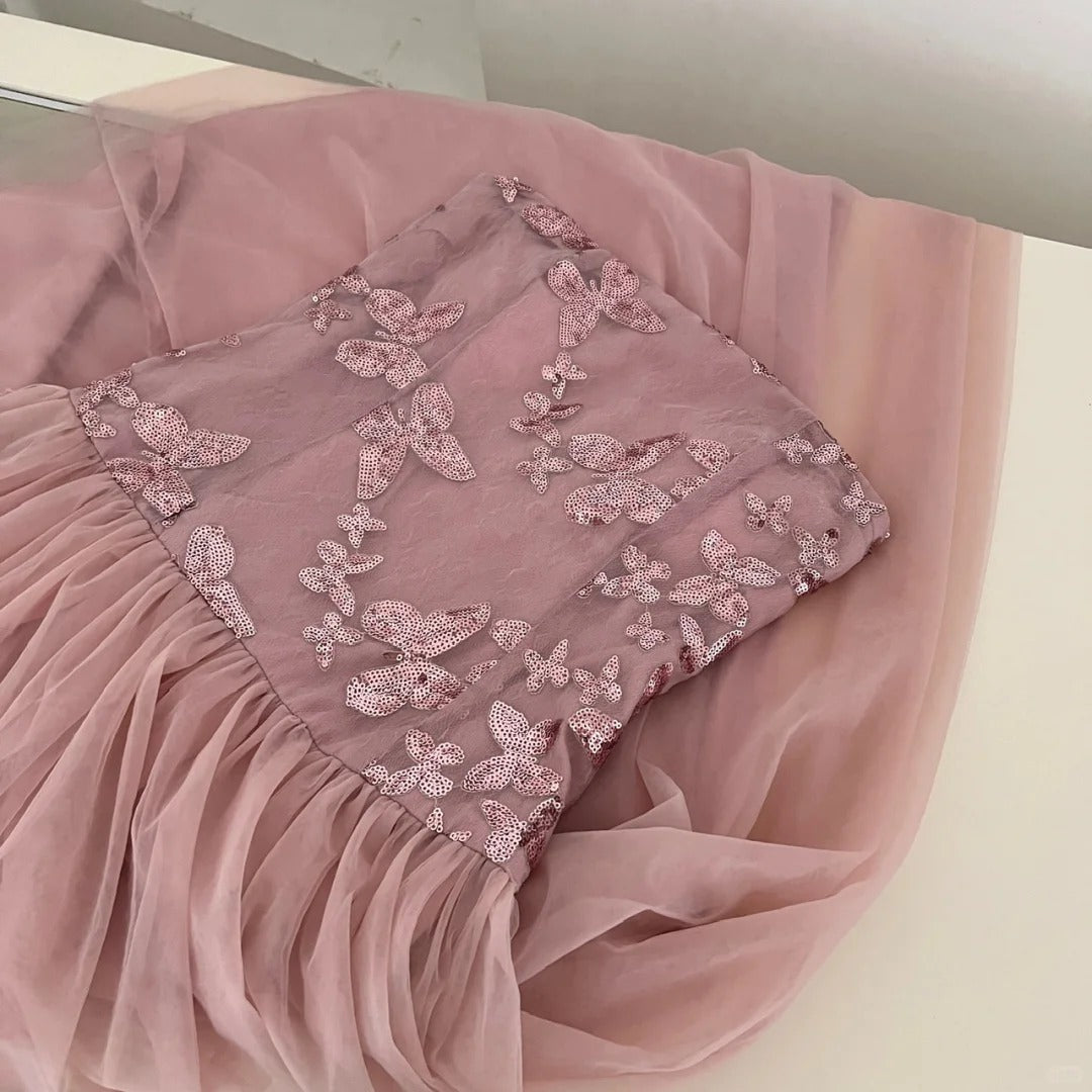 Elegant Pink A-Line Tube Top Sequined Tulle Long Formal Prom Dress Bridesmaid Dress