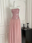 Elegant Pink A-Line Tube Top Sequined Tulle Long Formal Prom Dress Bridesmaid Dress