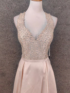 Elegant Pink Halter Neck V-Neck Rhinestone Lace Satin Long Formal Prom Dress