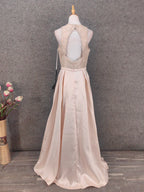 Elegant Pink Halter Neck V-Neck Rhinestone Lace Satin Long Formal Prom Dress